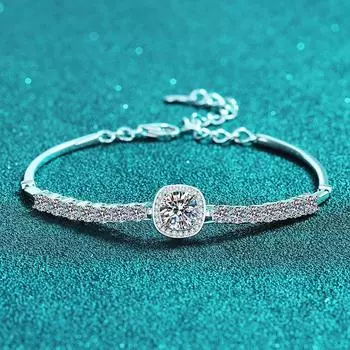Браслет из стерлингового серебра 925 пробы с ручной инкрустацией муассанитом, круглый квадратный край с бриллиантами, простой и модный браслет с бриллиантами Adjustable size