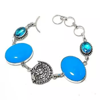 Браслет из стерлингового серебра 925 пробы с натуральным синим халцедоном и топазом, 7–8 дюймов, f5Z57