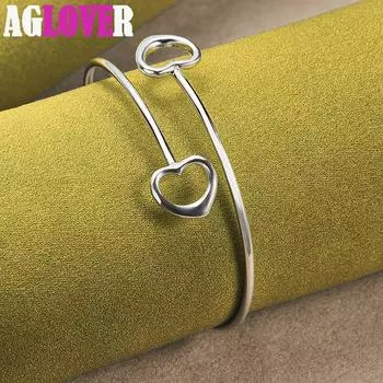 Браслет из стерлингового серебра 925 пробы с двойным сердцем, ювелирные изделия