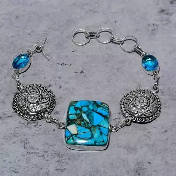 Браслет из стерлингового серебра 925 пробы с натуральным медным голубым бирюзовым камнем и топазом 7-8 дюймов M0B17