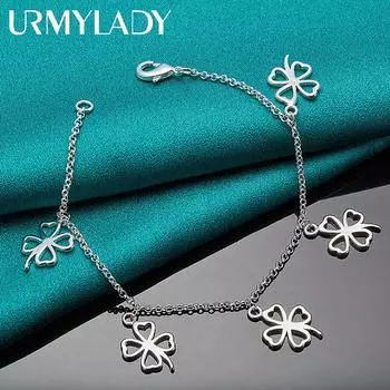Браслет из стерлингового серебра 925 пробы с четырьмя листами клевера для женщин, свадебных вечеринок, простые очаровательные ювелирные изделия 20cm
