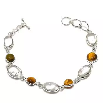 Браслет из стерлингового серебра 925 пробы с натуральным белым топазом и драгоценным камнем «Тигровый глаз», 7–8 дюймов, D0J84