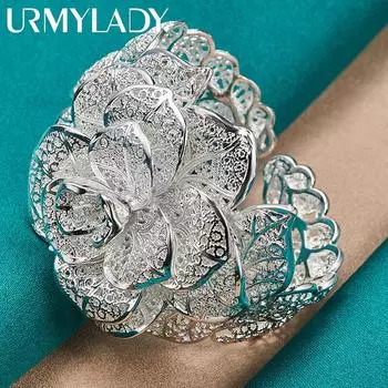 Браслет из стерлингового серебра 925 пробы с большим цветком и открытым браслетом, ювелирные украшения