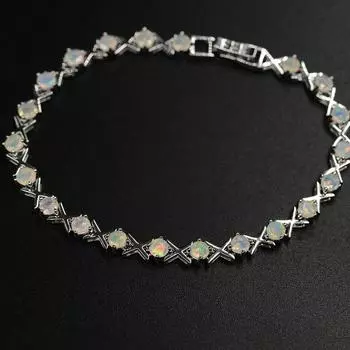 Браслет из стерлингового серебра 925 пробы с опалом, крестообразный дизайн, натуральный опал, круглый драгоценный камень 4 мм, изысканные украшения для женщин и девочек, повседневная одежда, хороший подарок на день рождения 19.5cm белый