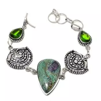 Браслет из стерлингового серебра 925 пробы с натуральным рубином, фукситом и драгоценным камнем перидот, 7–8 дюймов, N8j12