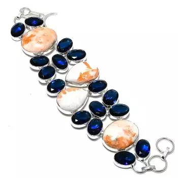 Браслет из стерлингового серебра 925 пробы с натуральным оранжевым сколецитом и топазом, 7–8 дюймов, D0Q54