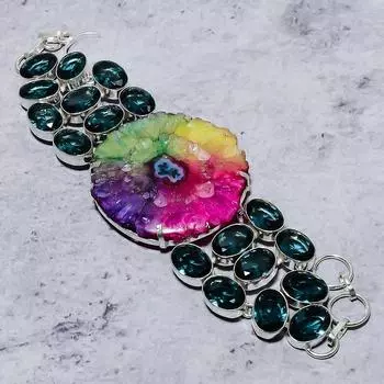 Браслет из стерлингового серебра 925 пробы с натуральным радужным солнечным кварцем и камнем иолитом 7-8 дюймов w7E60