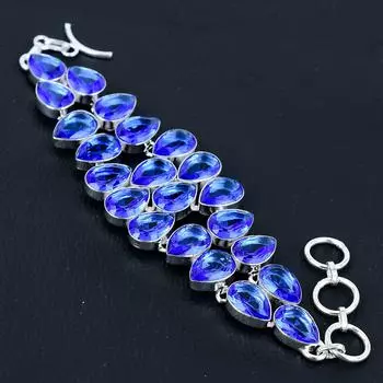 Браслет из стерлингового серебра 925 пробы с морским голубым топазом ручной работы, серебряный браслет с драгоценным камнем, браслет с морским голубым топазом, браслет унисекс 8 синий