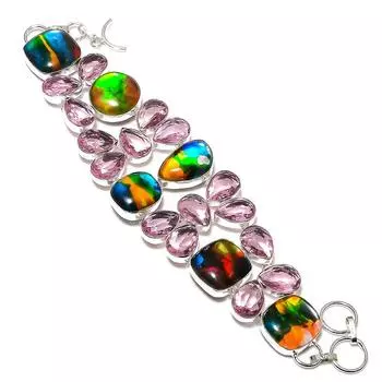 Браслет из стерлингового серебра 925 пробы с натуральным дихроичным стеклом и драгоценным камнем кунцитом 7–8 дюймов C7y74