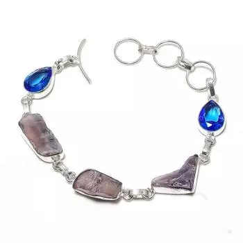 Браслет из стерлингового серебра 925 пробы с натуральным грубым флюоритом и топазом, 7–8 дюймов g5Q02