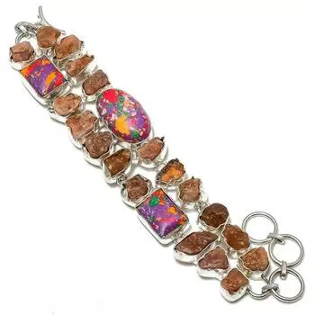 Браслет из стерлингового серебра 925 пробы с натуральной мозаичной яшмой и грубым солнечным камнем, 7–8 дюймов V1V69