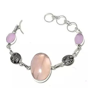 Браслет из стерлингового серебра 925 пробы с натуральным розовым кварцем и халцедоном 7–8 дюймов G8a80