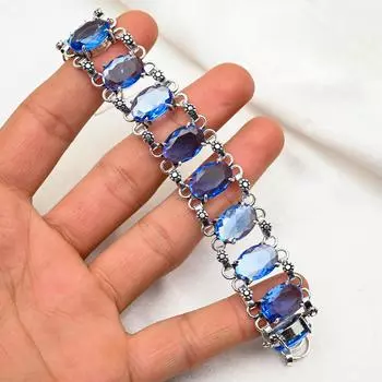 Браслет из стерлингового серебра 925 пробы с танзанитом, браслет с драгоценными камнями высшего качества, регулируемый браслет-цепочка, подарок на годовщину ручной работы в виде ювелирного украшения 8 inches with Adjustable синий