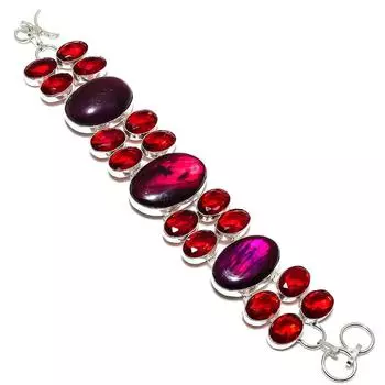 Браслет из стерлингового серебра 925 пробы с натуральным фиолетовым лабрадором и гранатом 7–8 дюймов C7d15