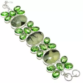 Браслет из стерлингового серебра 925 пробы с натуральным пренитом и цаворитом, 7–8 дюймов, B2G33