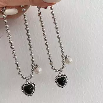 Браслет из стерлингового серебра 925 пробы с черным сердцем для женщин, регулируемый браслет-цепочка с жемчугом, ювелирные изделия