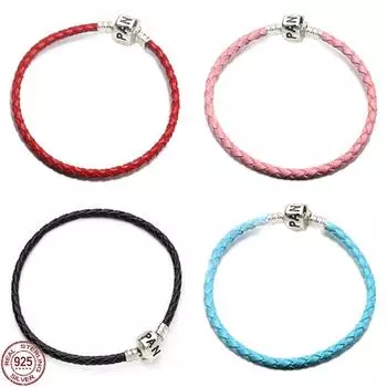 Браслет из стерлингового серебра 925 пробы с красным кожаным шнуром, подходит для оригинальных бусин-шармов, простой стиль, ювелирные украшения своими руками для женщин 18cm красный