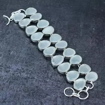 Браслет из стерлингового серебра 925 пробы с натуральным белым халцедоном 7-8 дюймов q4l77