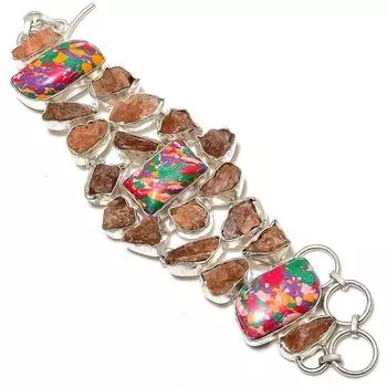 Браслет из стерлингового серебра 925 пробы с натуральной мозаичной яшмой и грубым солнечным камнем, 7–8 дюймов o3L41