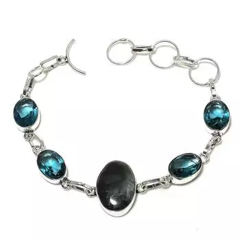Браслет из стерлингового серебра 925 пробы с натуральным черным рутилом и голубым топазом, 7–8 дюймов, D7c57