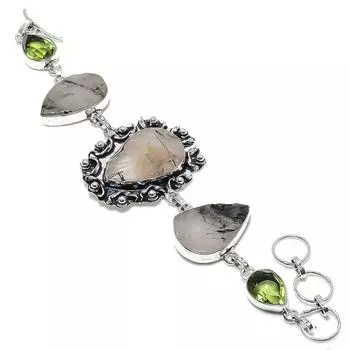 Браслет из стерлингового серебра 925 пробы с натуральным черным рутилом и драгоценным камнем перидот 7–8 дюймов r1n20