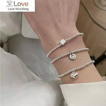 Браслет из стерлингового серебра 925 пробы с квадратным сердечком и бусинами для женщин, простой, индивидуальный, крутой браслет, корейские ювелирные изделия