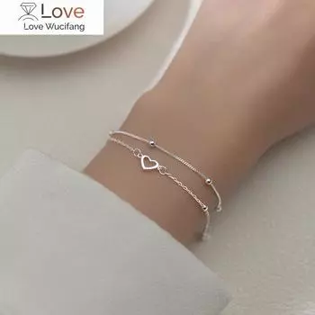 Браслет из стерлингового серебра 925 пробы с двойными круглыми бусинами в форме сердца для женщин, сладкая цепочка, студенческие индивидуальные браслеты