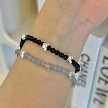 Браслет из стерлингового серебра 925 пробы с чистым аквамарином Серебряный браслет с черным агатом ручной работы, легкая роскошная бабочка, простой стиль, свежая ниша 925