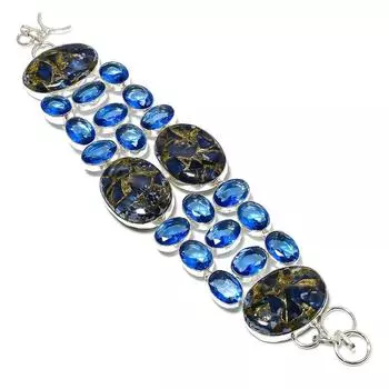 Браслет из стерлингового серебра 925 пробы с натуральным медным содалитом и голубым топазом, 8 дюймов C1U55