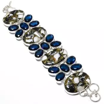 Браслет из стерлингового серебра 925 пробы с натуральной зебровой яшмой и голубым топазом, 7–8 дюймов o5N44