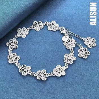 Браслет из стерлингового серебра 925 пробы с цветком, модные свадебные украшения 20CM