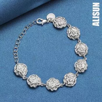 Браслет из стерлингового серебра 925 пробы с розой, модные свадебные украшения 20CM