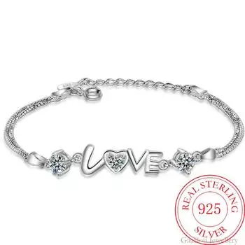 Браслет из стерлингового серебра 925 пробы с сердцем и любовью, круглый кубический цирконий, двухслойная цепочка, соединенная для женщин, браслет с подвесками, ювелирные изделия, подарок белый