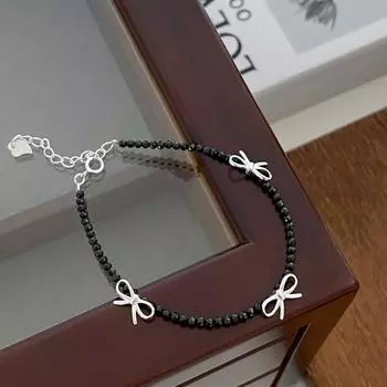 Браслет из стерлингового серебра 925 пробы с черным кристаллом и бантом, женский корейский нишевый дизайн, простой, свежий, универсальный браслет ручной работы 925