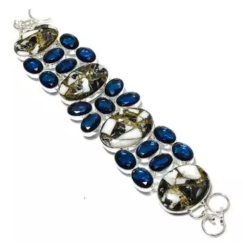 Браслет из стерлингового серебра 925 пробы с натуральной зебровой яшмой и голубым топазом, 7–8 дюймов, M3n83