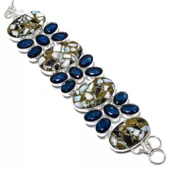 Браслет из стерлингового серебра 925 пробы с натуральной зебровой яшмой и голубым топазом, 7–8 дюймов, V9c25