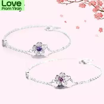 Браслет из стерлингового серебра 925 пробы с цветущей вишней и розовыми фиолетовыми кристаллами для женщин, цветочные браслеты, элегантные милые украшения 15.5cm-19.5cm