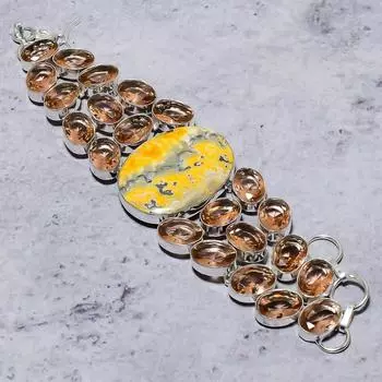 Браслет из стерлингового серебра 925 пробы с натуральной шмельной яшмой и морганитом 7-8 дюймов F2v48