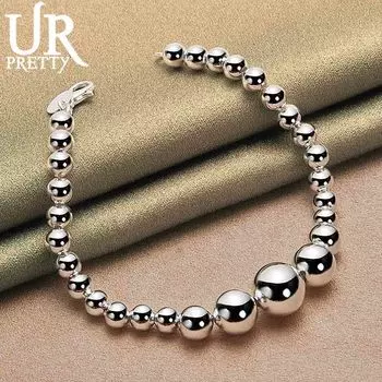 Браслет из стерлингового серебра 925 пробы с гладким градиентом и большими круглыми бусинами, модные свадебные украшения 20CM