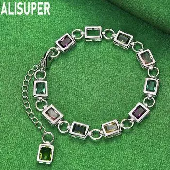 Браслет из стерлингового серебра 925 пробы с квадратной инкрустацией из разноцветного циркония класса ААА, модные свадебные украшения 20CM