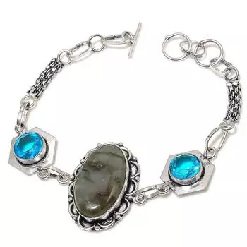 Браслет из стерлингового серебра 925 пробы с натуральным лабрадоритом и голубым топазом 7–8 дюймов g9a74