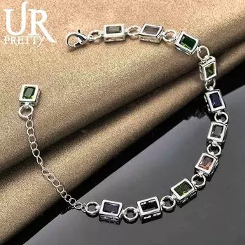 Браслет из стерлингового серебра 925 пробы с квадратной инкрустацией из разноцветного циркония класса ААА, модные свадебные украшения 20CM