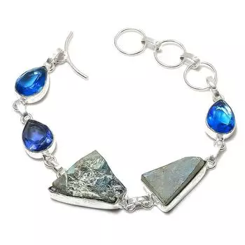 Браслет из стерлингового серебра 925 пробы с натуральным лабрадоритом и голубым топазом 7-8 дюймов h0V85