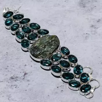 Браслет из стерлингового серебра 925 пробы с натуральным лабрадором и иолитом ручной работы 7–8 дюймов P2K93