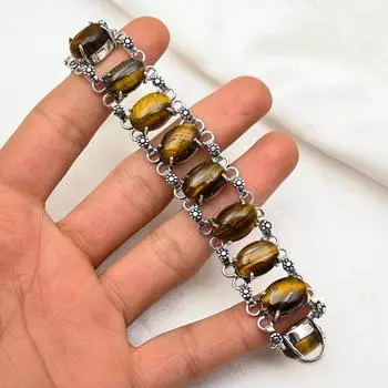 Браслет из стерлингового серебра 925 пробы с тигровым глазом, регулируемый, цепочка, ювелирные изделия ручной работы, драгоценный камень, подарок маме, антикварные ювелирные изделия 8 inches with Adjustable жёлтый