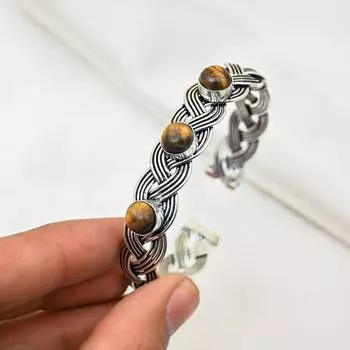 Браслет из стерлингового серебра 925 пробы с тигровым глазом, регулируемый, ювелирные изделия ручной работы с драгоценными камнями, подарок маме, антикварные ювелирные изделия Adjustable жёлтый