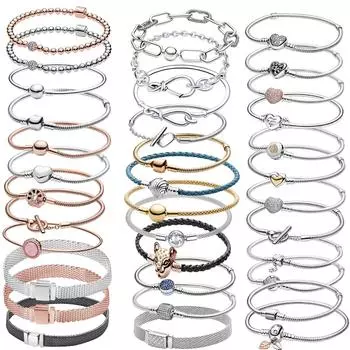 Браслет из стерлингового серебра 925 пробы, сердце, Т-образная цепочка-манжета, сверкающая синяя дисковая застежка, браслет-цепочка в виде змеи, женские ювелирные изделия, очаровательные бусины 19cm