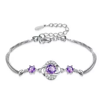 Браслет из стерлингового серебра 925 пробы высшего класса для женщин, подарок на день рождения, сверкающий кристалл, фиолетовый браслет с цветком клевера, женские ювелирные изделия 17.5CM фиолетовый