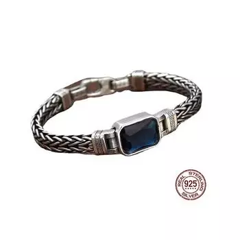 Браслет из стерлингового серебра S925 с квадратным очаровательным синим цирконом для мужчин и женщин в одном стиле, тайский серебряный браслет, роскошные ювелирные изделия 20CM