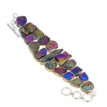 Браслет из титана Peacock Aura с драгоценными камнями и друзами из стерлингового серебра 925 пробы Браслет из титана Peacock Aura с штампованными драгоценными камнями и друзами 7 синий